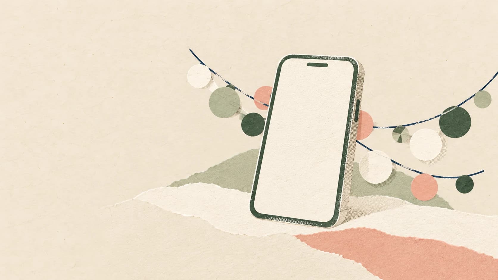 A blank paper phone partly covers a cluster of string-light dots.