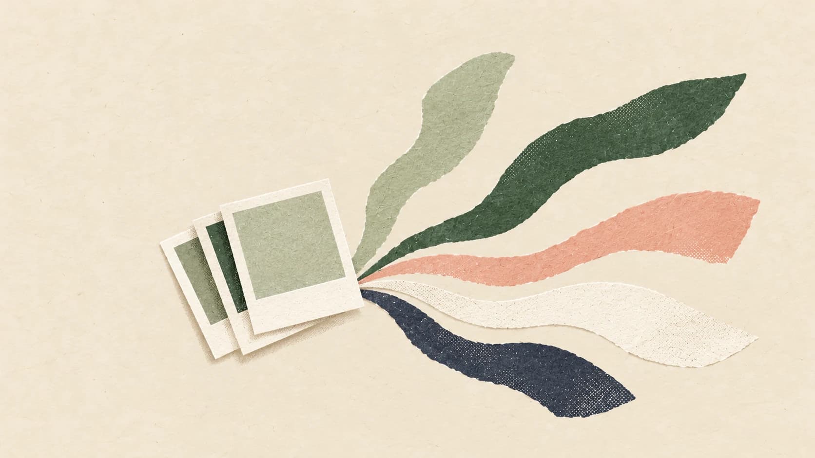 Five colored paper paths fan out from a stack of blank photo frames.
