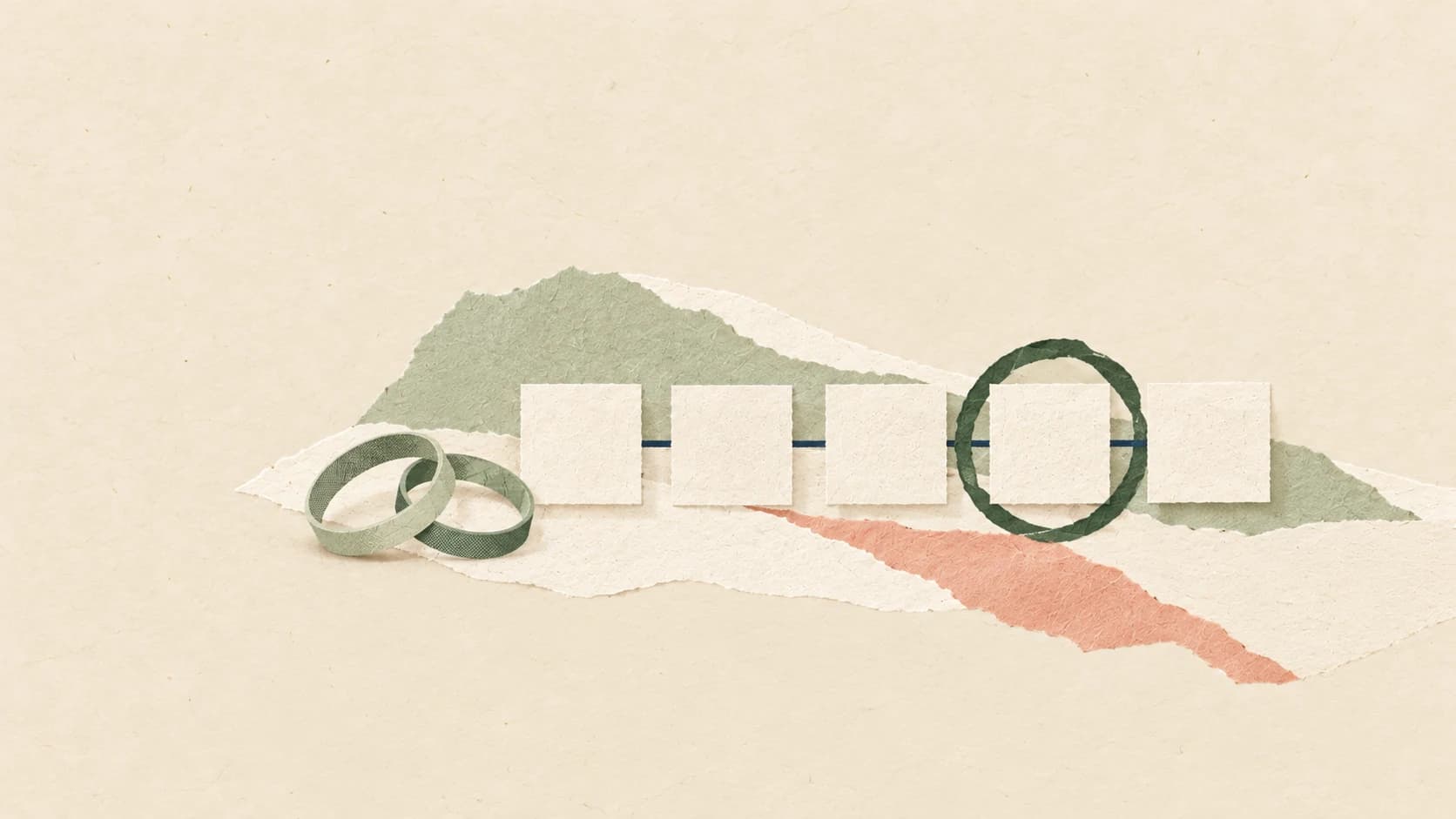 Blank paper calendar squares with one circled in green and wedding rings at the start.