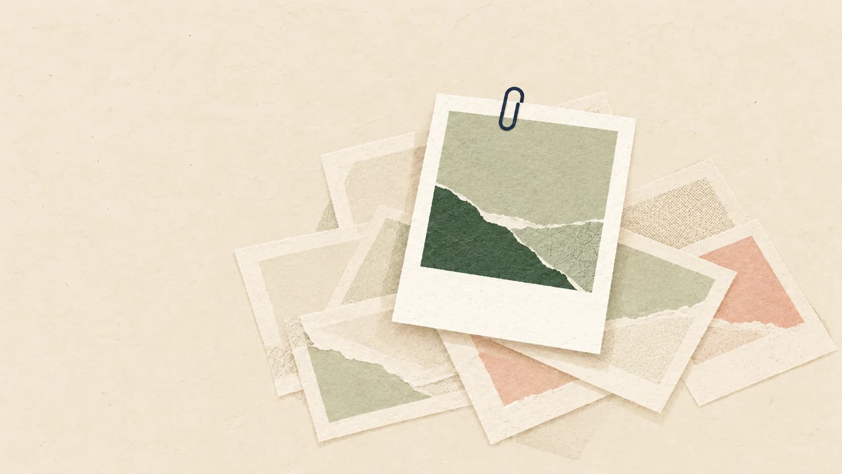 A clipped photo frame with abstract green paper shapes stands out above faded frames.