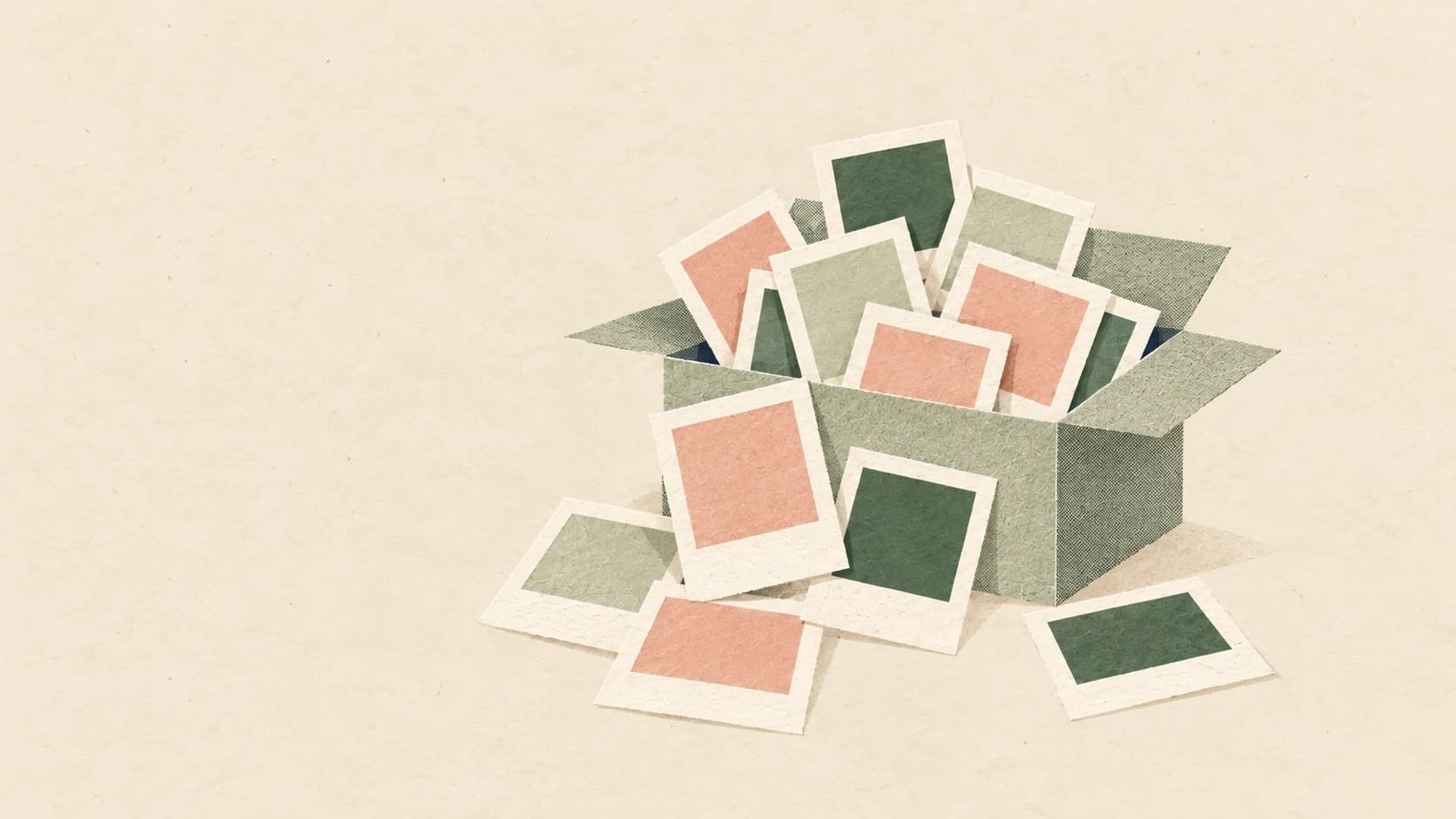 Blank photo frames spill from an open sage paper box.